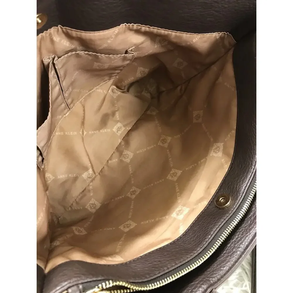 ANNE KLEIN WOMEN'S BROWN PEBBLE LEATHER TOTE GOLD SCARF HARWARE SIZE 18